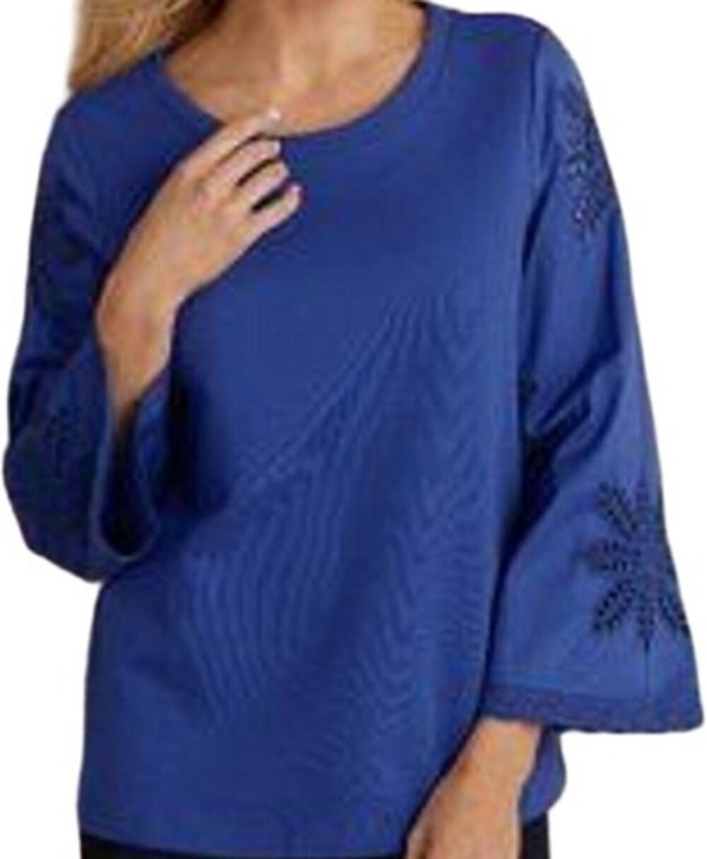 Soft Surroundings Bonavista Blouse Wide Sleeve Eyelet Floral Crew Neck Blue XS